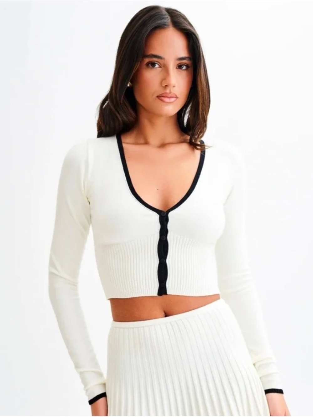 Meshki Cream Cropped Cardigan with Black Trim